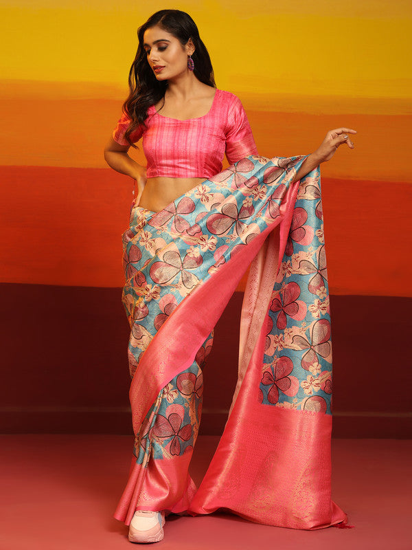 Pink Silk Blend Woven Zari Design Floral Saree with Unstitched Blouse - Hiral Fashion | Swadesiicart