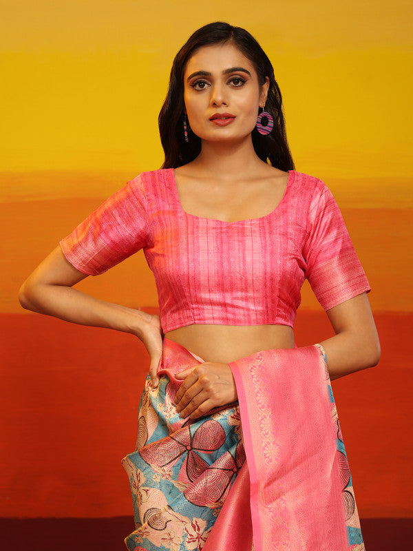 Pink Silk Blend Woven Zari Design Floral Saree with Unstitched Blouse - Hiral Fashion | Swadesiicart