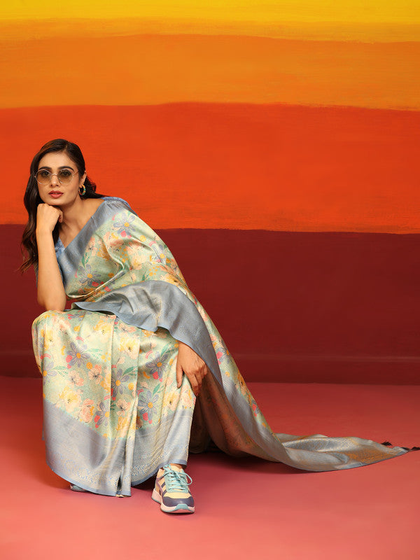 Gray Silk Blend Woven Zari Design Floral Saree with Unstitched Blouse - Hiral Fashion | Swadesiicart