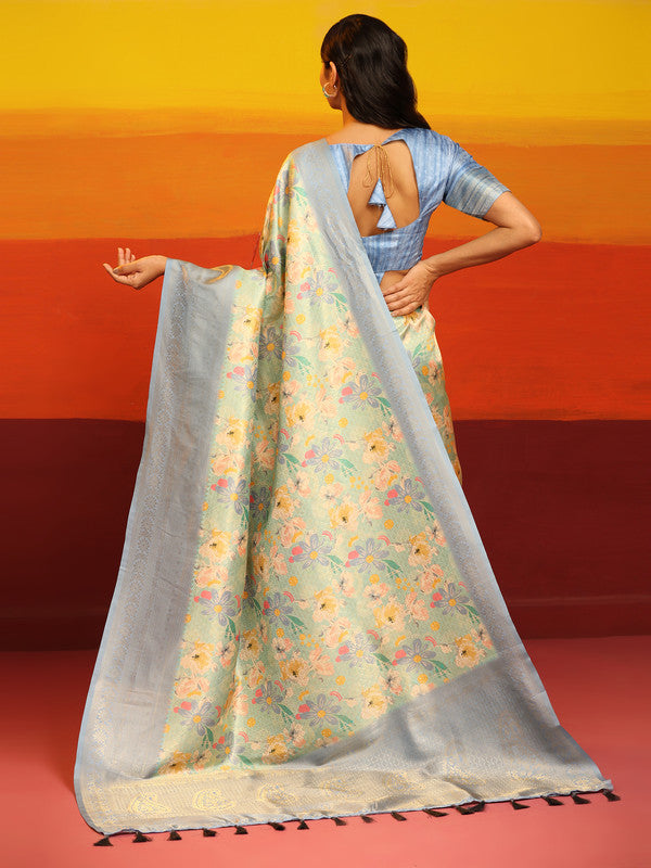 Gray Silk Blend Woven Zari Design Floral Saree with Unstitched Blouse - Hiral Fashion | Swadesiicart