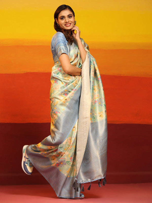 Gray Silk Blend Woven Zari Design Floral Saree with Unstitched Blouse - Hiral Fashion | Swadesiicart