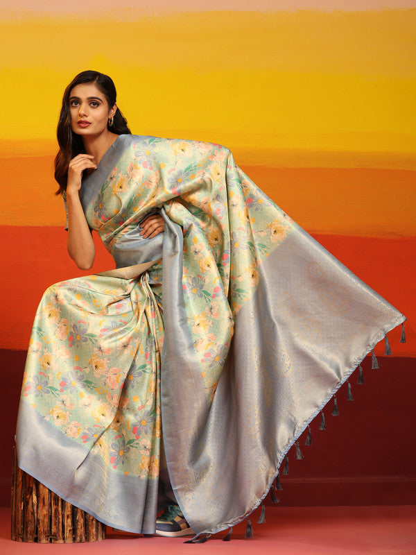 Gray Silk Blend Woven Zari Design Floral Saree with Unstitched Blouse - Hiral Fashion | Swadesiicart