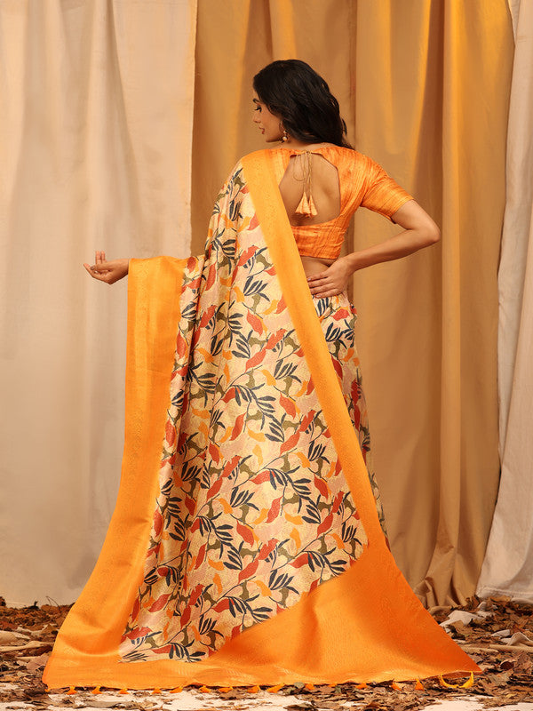 Orange Silk Blend Woven Zari Design Floral Saree with Unstitched Blouse - Hiral Fashion | Swadesiicart