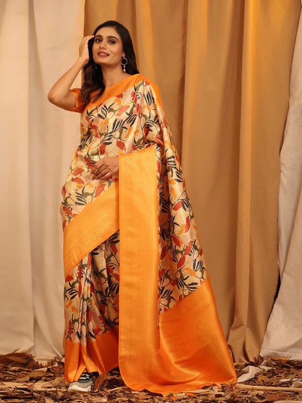 Orange Silk Blend Woven Zari Design Floral Saree with Unstitched Blouse - Hiral Fashion | Swadesiicart
