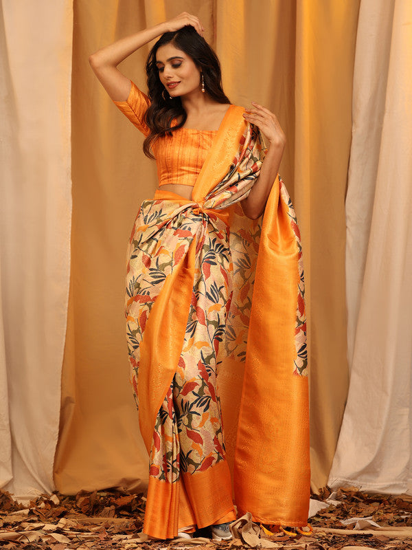 Orange Silk Blend Woven Zari Design Floral Saree with Unstitched Blouse - Hiral Fashion | Swadesiicart