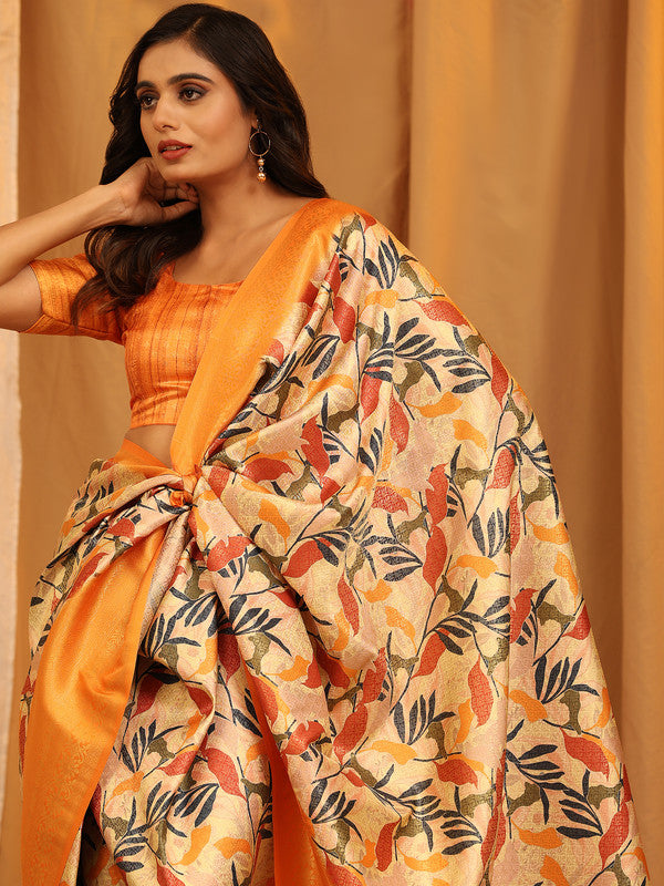 Orange Silk Blend Woven Zari Design Floral Saree with Unstitched Blouse - Hiral Fashion | Swadesiicart
