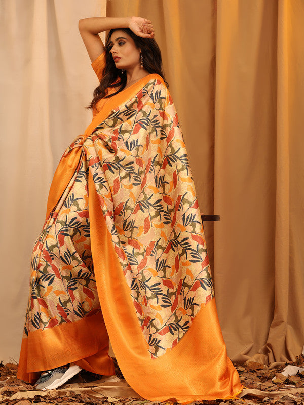 Orange Silk Blend Woven Zari Design Floral Saree with Unstitched Blouse - Hiral Fashion | Swadesiicart