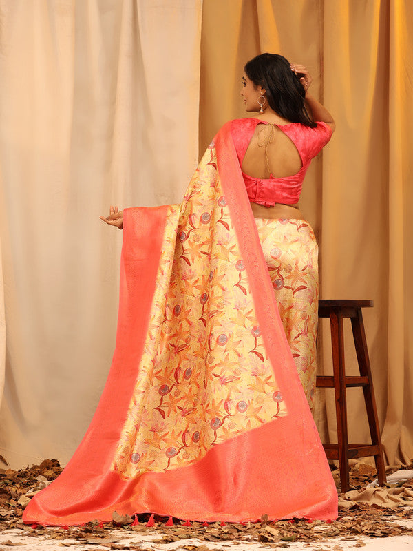 Red Silk Blend Woven Zari Design Floral Saree with Unstitched Blouse - Hiral Fashion | Swadesiicart