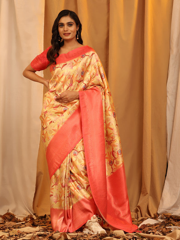 Red Silk Blend Woven Zari Design Floral Saree with Unstitched Blouse - Hiral Fashion | Swadesiicart