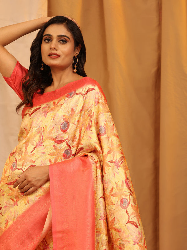 Red Silk Blend Woven Zari Design Floral Saree with Unstitched Blouse - Hiral Fashion | Swadesiicart