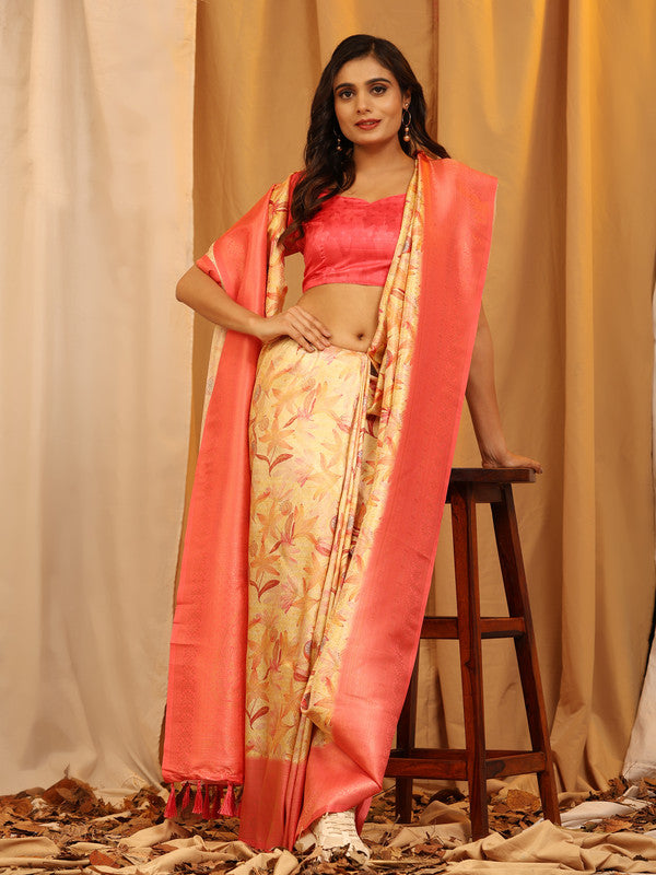 Red Silk Blend Woven Zari Design Floral Saree with Unstitched Blouse - Hiral Fashion | Swadesiicart
