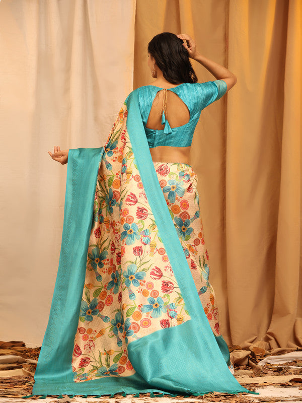 Turquoise Silk Blend Woven Zari Design Floral Saree with Unstitched Blouse - Hiral Fashion | Swadesiicart