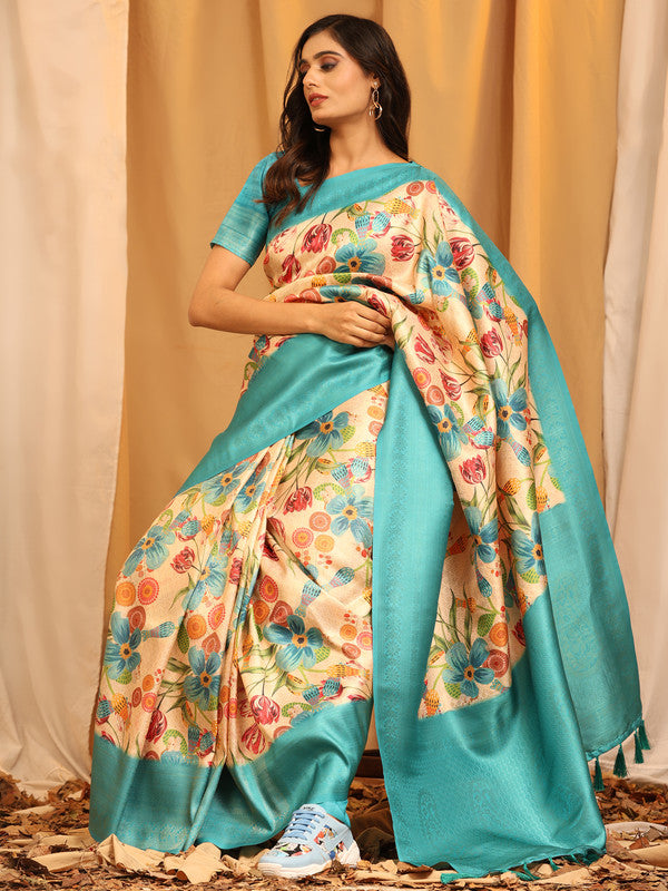 Turquoise Silk Blend Woven Zari Design Floral Saree with Unstitched Blouse - Hiral Fashion | Swadesiicart