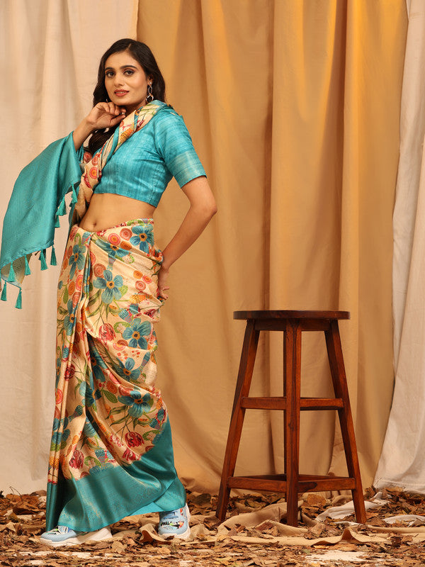 Turquoise Silk Blend Woven Zari Design Floral Saree with Unstitched Blouse - Hiral Fashion | Swadesiicart