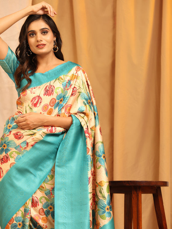 Turquoise Silk Blend Woven Zari Design Floral Saree with Unstitched Blouse - Hiral Fashion | Swadesiicart