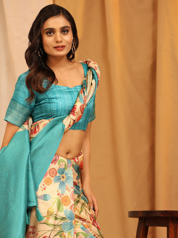 Turquoise Silk Blend Woven Zari Design Floral Saree with Unstitched Blouse - Hiral Fashion | Swadesiicart