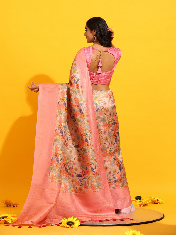 Pink Silk Blend Woven Zari Design Floral Saree with Unstitched Blouse - Hiral Fashion | Swadesiicart