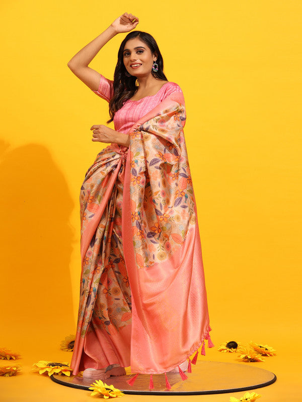 Pink Silk Blend Woven Zari Design Floral Saree with Unstitched Blouse - Hiral Fashion | Swadesiicart