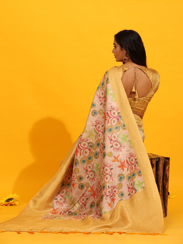 Yellow Silk Blend Woven Zari Design Floral Saree with Unstitched Blouse - Hiral Fashion | Swadesiicart