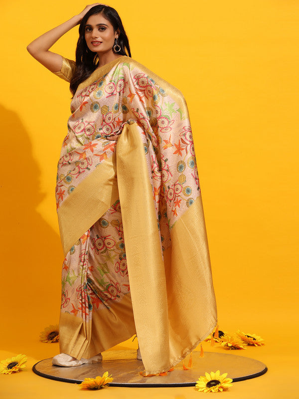 Yellow Silk Blend Woven Zari Design Floral Saree with Unstitched Blouse - Hiral Fashion | Swadesiicart