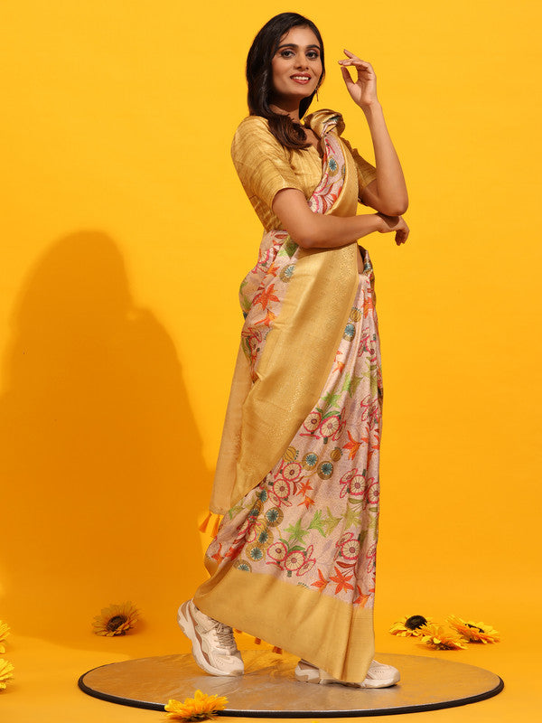 Yellow Silk Blend Woven Zari Design Floral Saree with Unstitched Blouse - Hiral Fashion | Swadesiicart