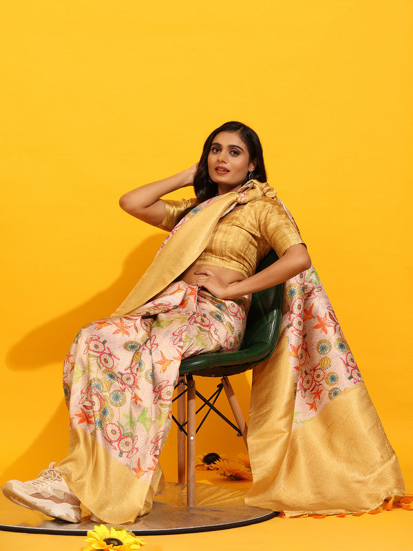 Yellow Silk Blend Woven Zari Design Floral Saree with Unstitched Blouse - Hiral Fashion | Swadesiicart