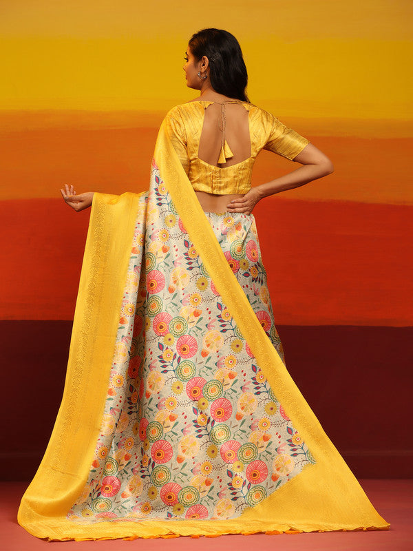 Yellow Silk Blend Woven Zari Design Floral Saree with Unstitched Blouse - Hiral Fashion | Swadesiicart