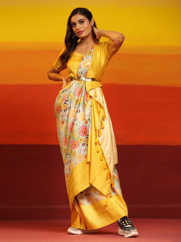 Yellow Silk Blend Woven Zari Design Floral Saree with Unstitched Blouse - Hiral Fashion | Swadesiicart