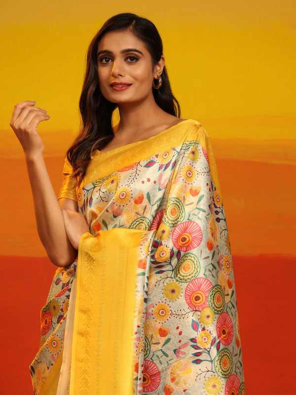 Yellow Silk Blend Woven Zari Design Floral Saree with Unstitched Blouse - Hiral Fashion | Swadesiicart