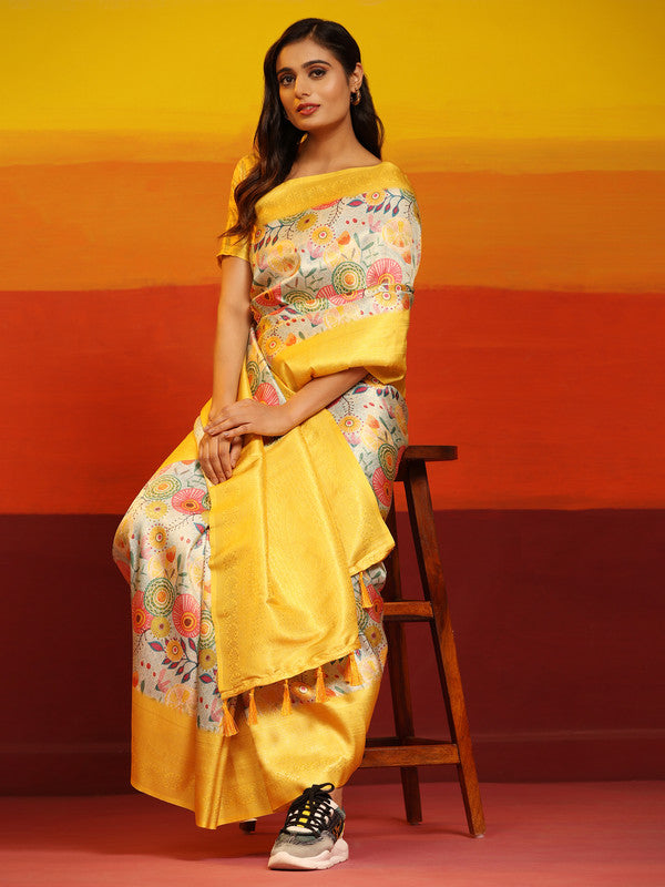 Yellow Silk Blend Woven Zari Design Floral Saree with Unstitched Blouse - Hiral Fashion | Swadesiicart