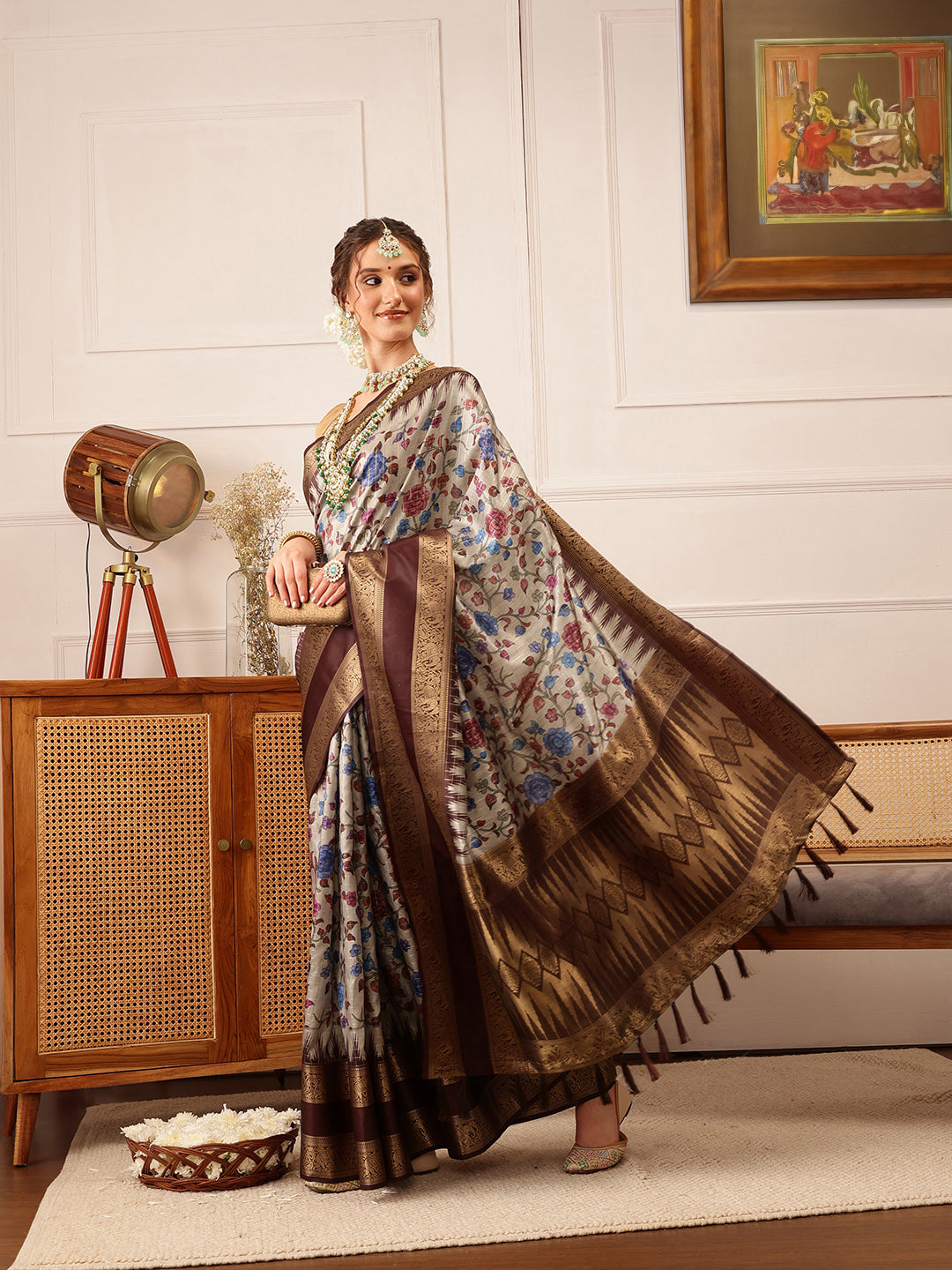 Hiral Fashion Beige Kanjivaram Soft Silk Floral Digital Print Saree | Swadesiicart