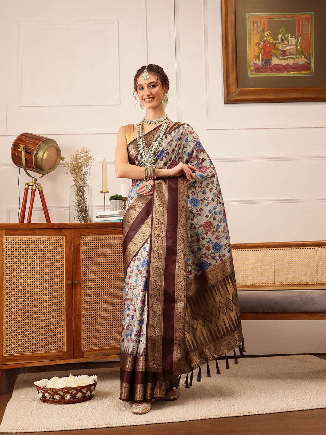 Hiral Fashion Beige Kanjivaram Soft Silk Floral Digital Print Saree | Swadesiicart
