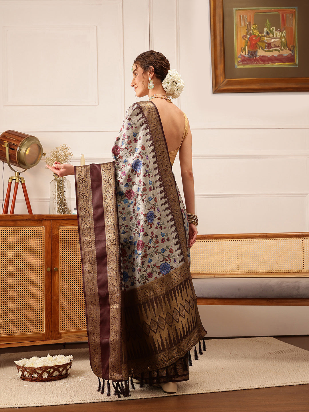 Hiral Fashion Beige Kanjivaram Soft Silk Floral Digital Print Saree | Swadesiicart