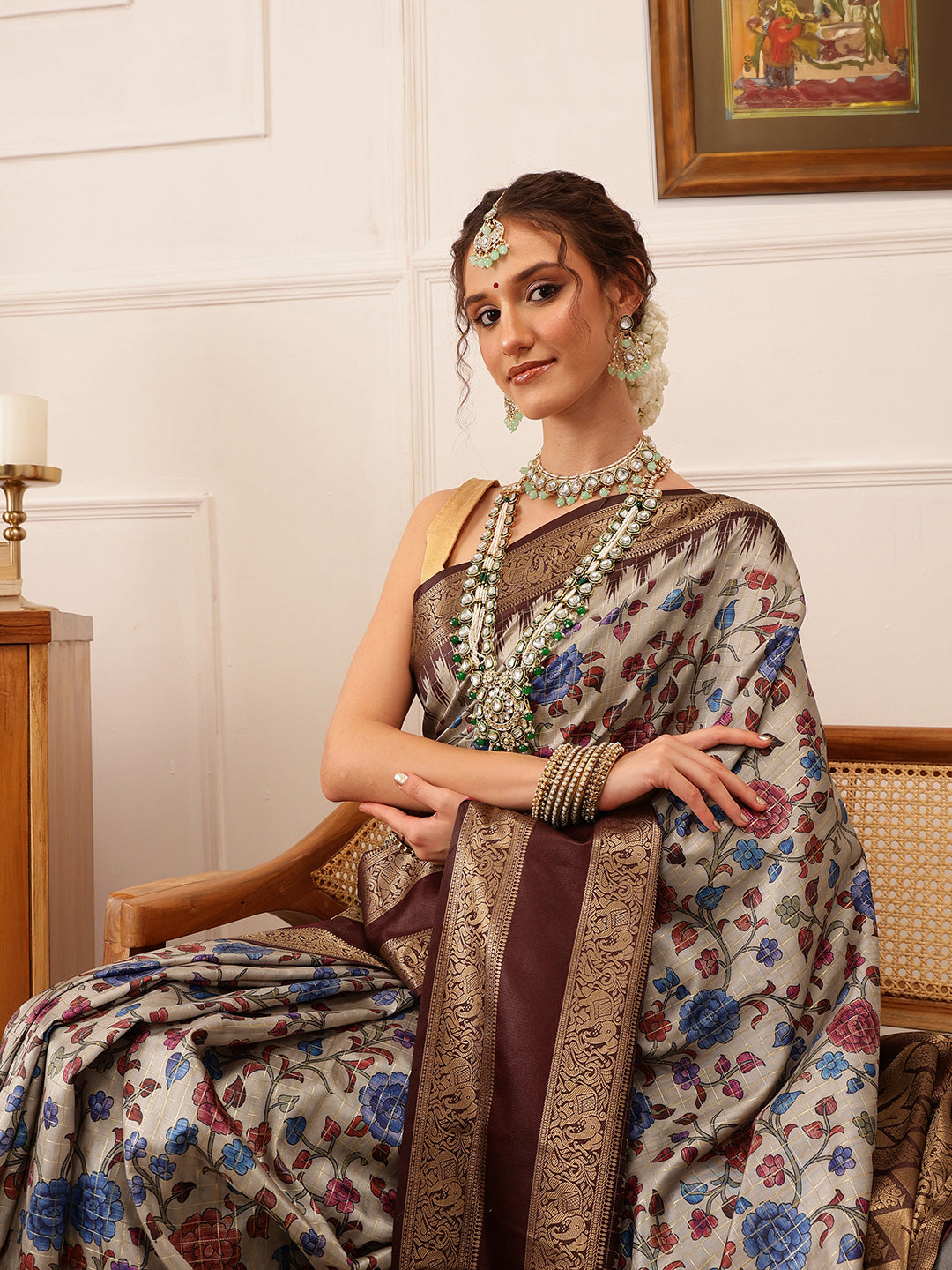 Hiral Fashion Beige Kanjivaram Soft Silk Floral Digital Print Saree | Swadesiicart