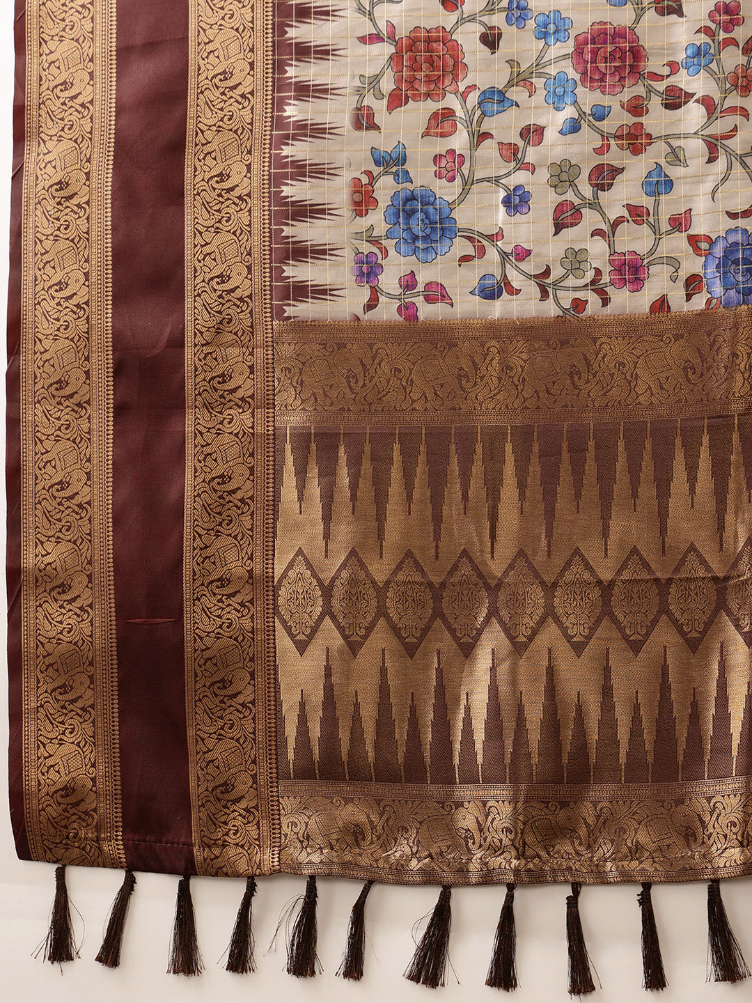 Hiral Fashion Beige Kanjivaram Soft Silk Floral Digital Print Saree | Swadesiicart