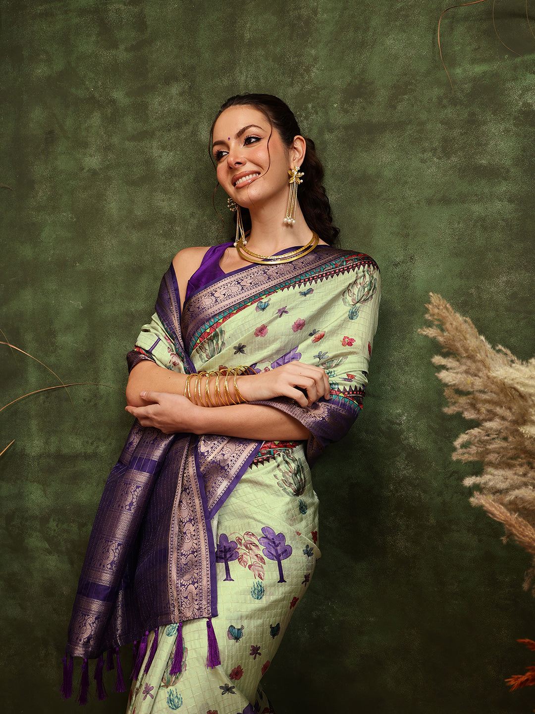 Hiral Fashion Olive Kanjeevaram Banarasi Silk Floral Digital Printed Saree | Swadesiicart