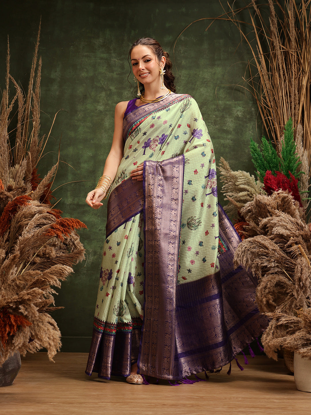 Hiral Fashion Olive Kanjeevaram Banarasi Silk Floral Digital Printed Saree | Swadesiicart
