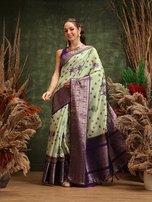 Hiral Fashion Olive Kanjeevaram Banarasi Silk Floral Digital Printed Saree | Swadesiicart