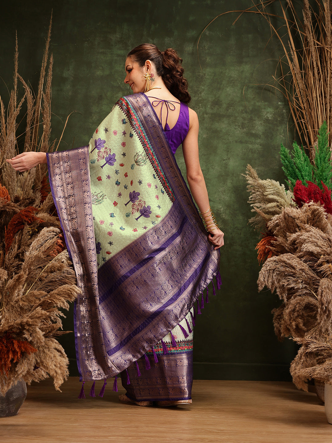 Hiral Fashion Olive Kanjeevaram Banarasi Silk Floral Digital Printed Saree | Swadesiicart