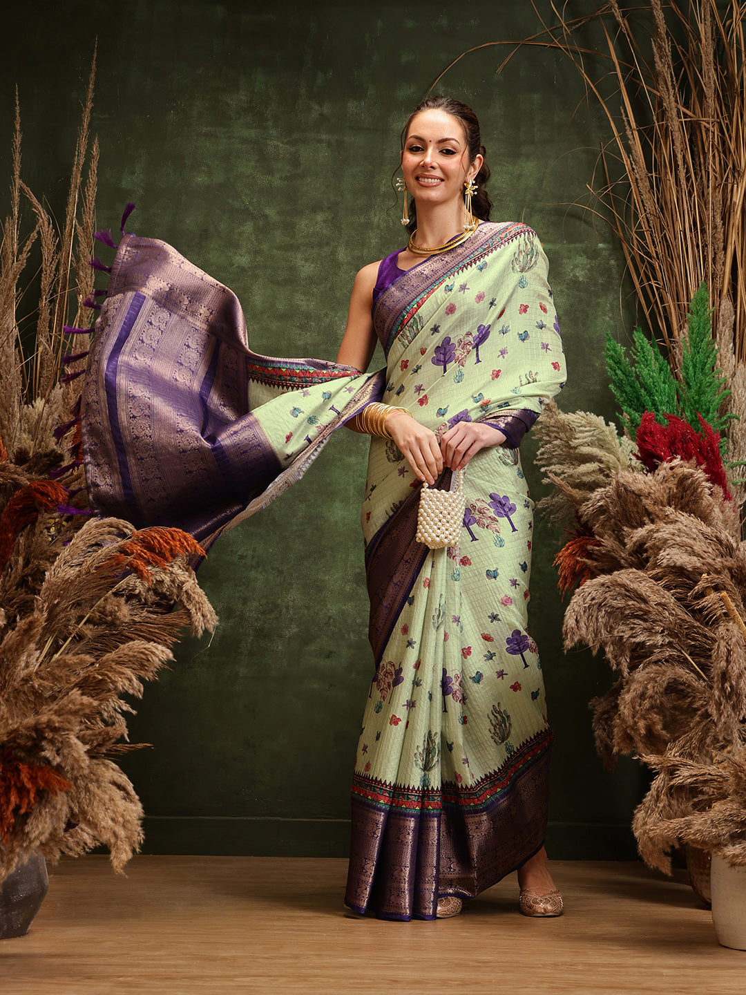 Hiral Fashion Olive Kanjeevaram Banarasi Silk Floral Digital Printed Saree | Swadesiicart