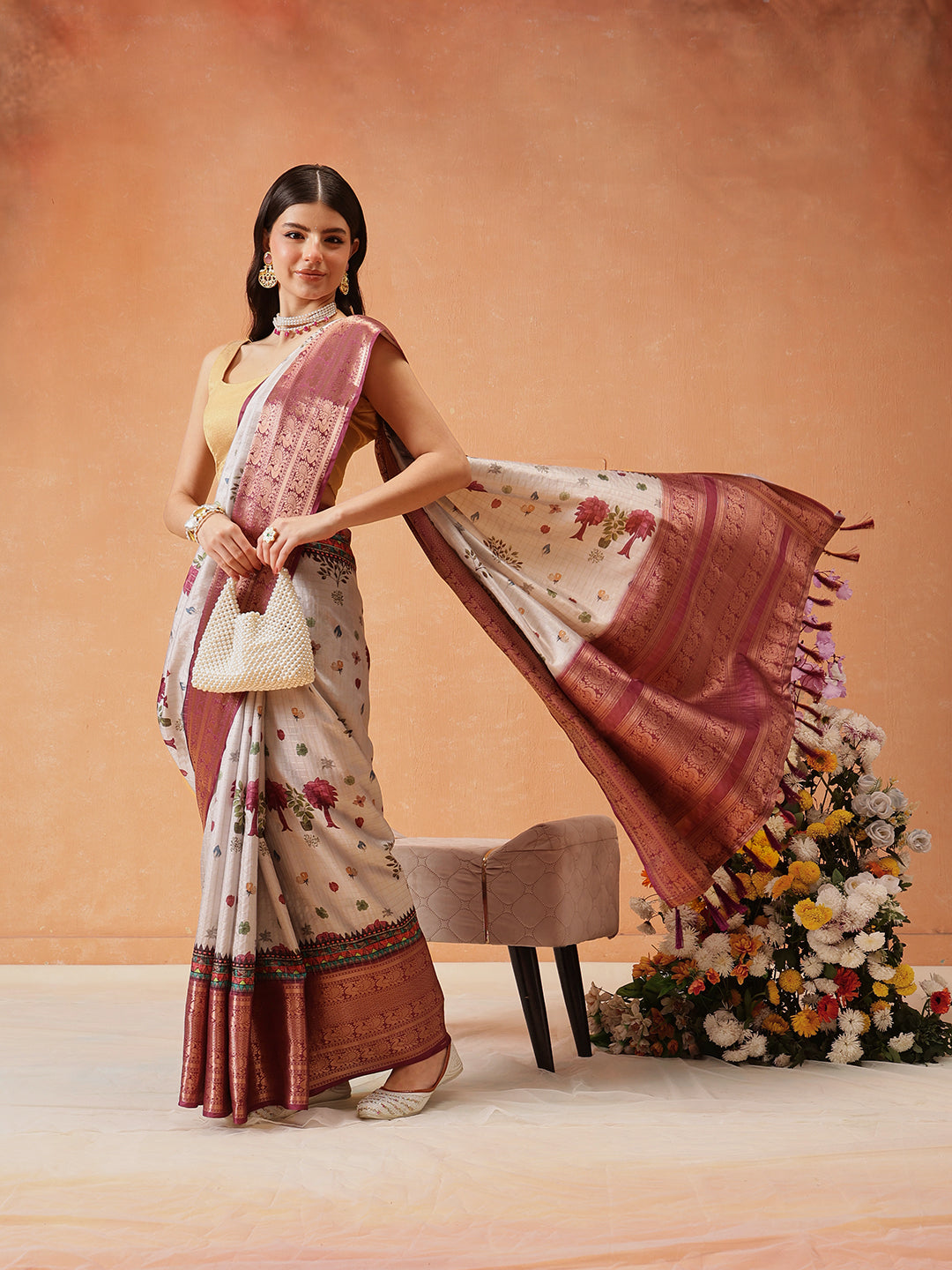 Hiral Fashion Grey Kanjeevaram Banarasi Silk Floral Digital Printed Saree | Swadesiicart