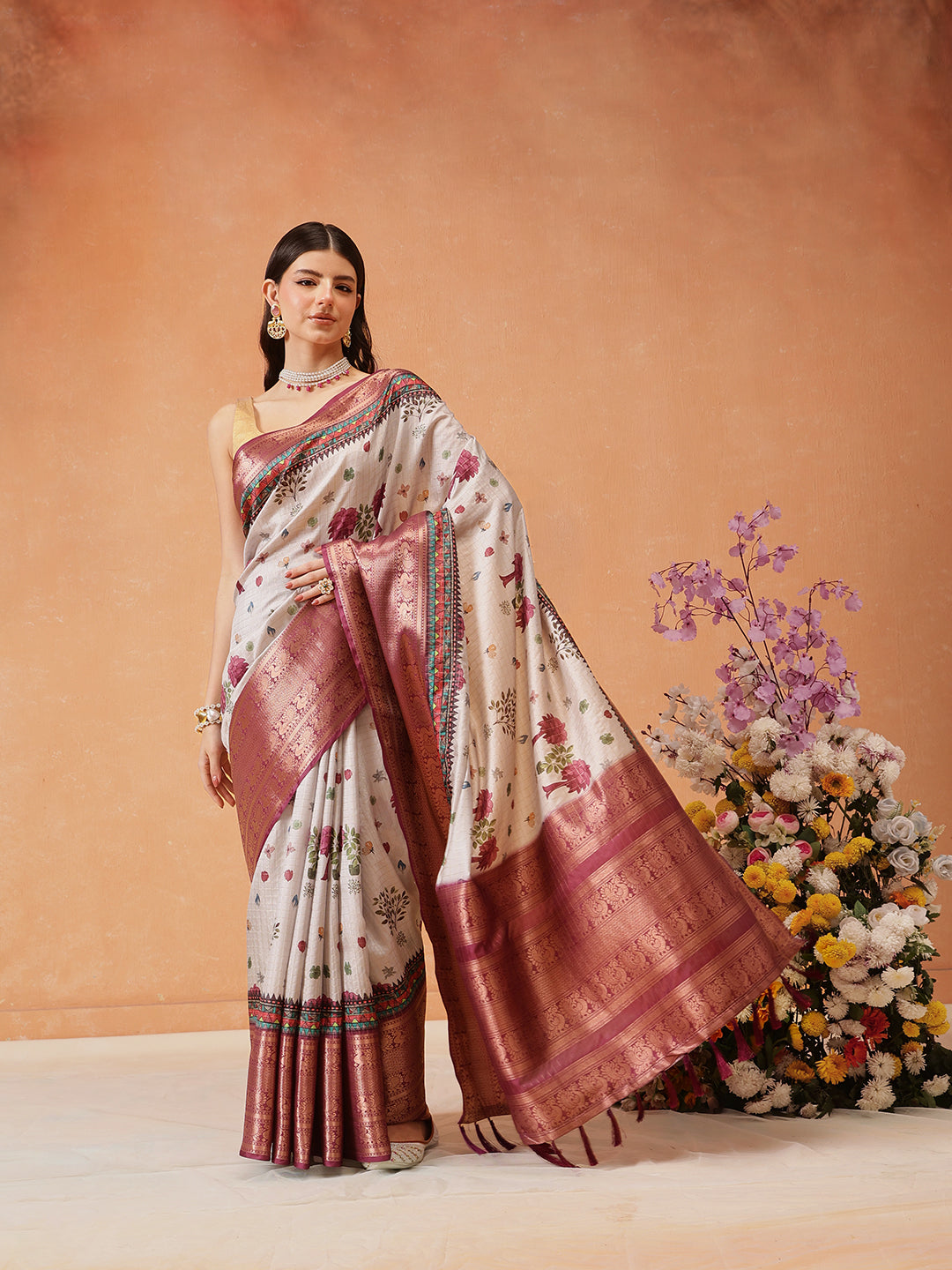 Hiral Fashion Grey Kanjeevaram Banarasi Silk Floral Digital Printed Saree | Swadesiicart