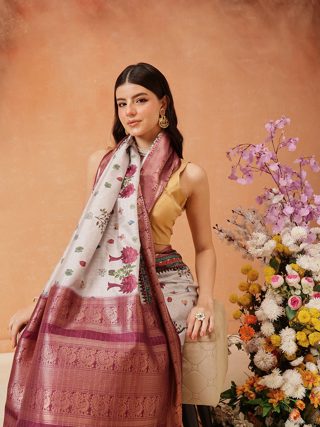 Hiral Fashion Grey Kanjeevaram Banarasi Silk Floral Digital Printed Saree | Swadesiicart