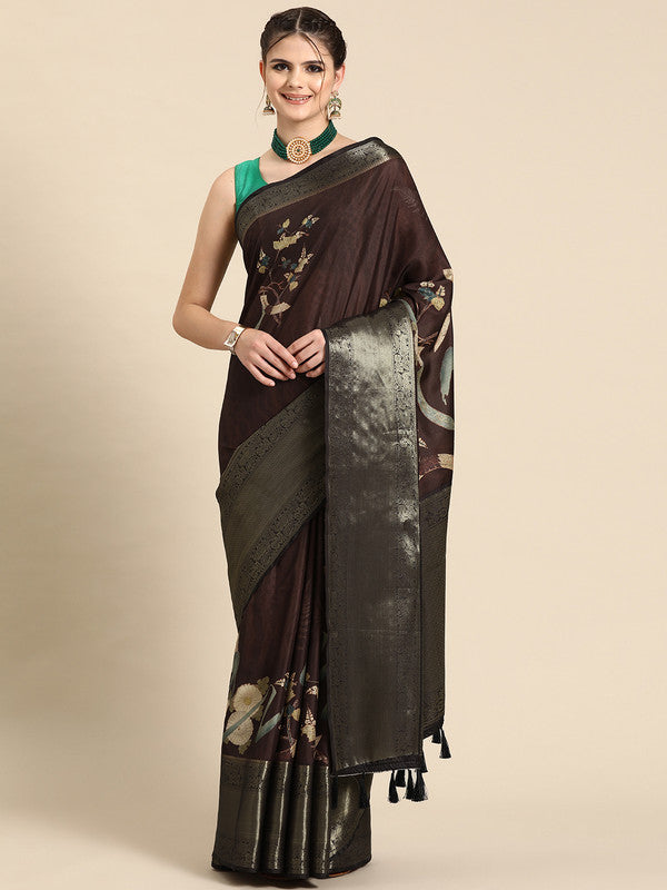Brown Kanchipuram Silk Digital Print Floral Saree with Unstitched Blouse - Hiral Fashion | Swadesiicart