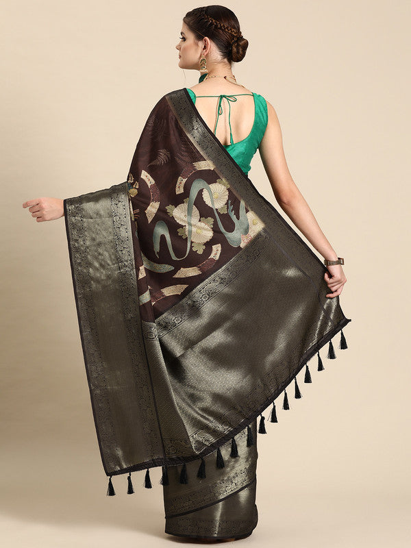 Brown Kanchipuram Silk Digital Print Floral Saree with Unstitched Blouse - Hiral Fashion | Swadesiicart
