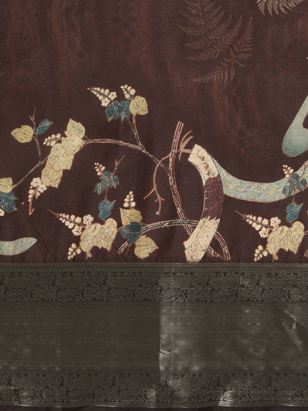 Brown Kanchipuram Silk Digital Print Floral Saree with Unstitched Blouse - Hiral Fashion | Swadesiicart