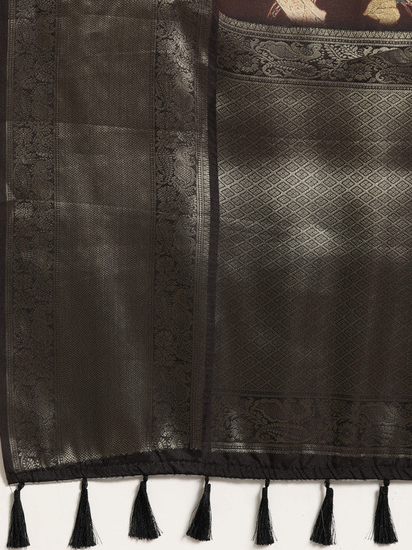 Brown Kanchipuram Silk Digital Print Floral Saree with Unstitched Blouse - Hiral Fashion | Swadesiicart