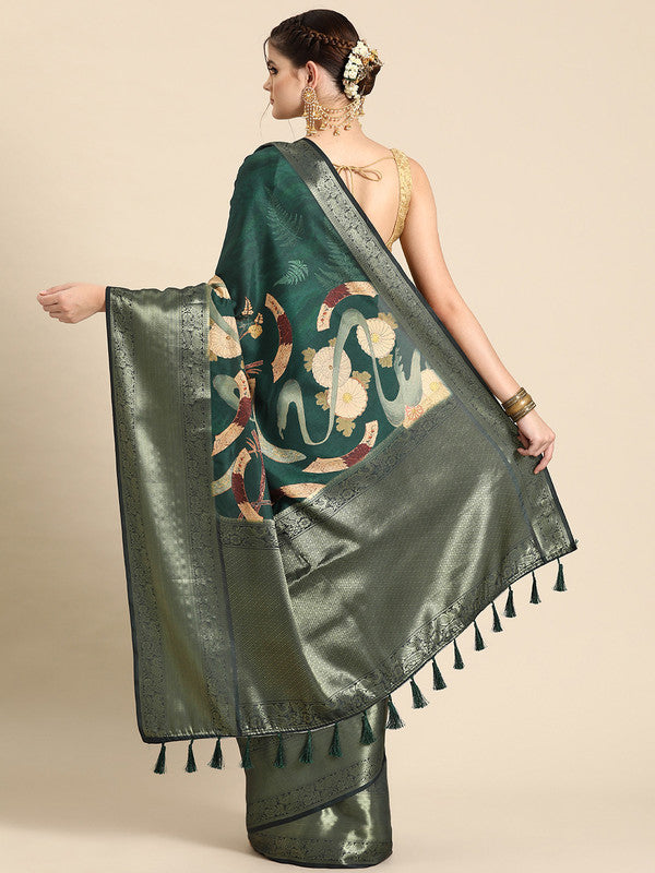 Green Kanchipuram Silk Digital Print Floral Saree with Unstitched Blouse - Hiral Fashion | Swadesiicart