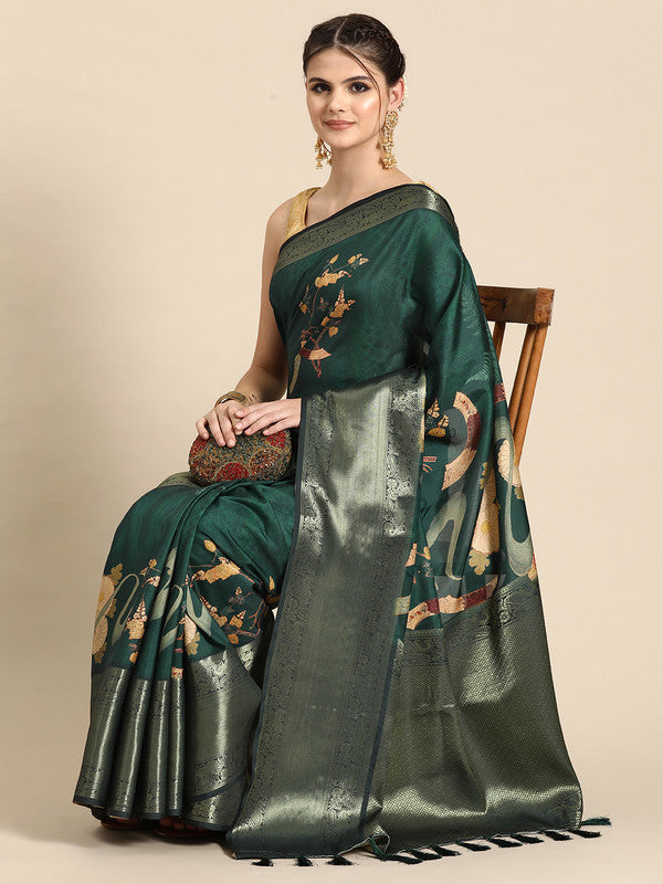 Green Kanchipuram Silk Digital Print Floral Saree with Unstitched Blouse - Hiral Fashion | Swadesiicart