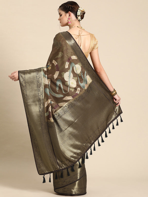 Multicolor Kanchipuram Silk Digital Print Floral Saree with Unstitched Blouse - Hiral Fashion | Swadesiicart